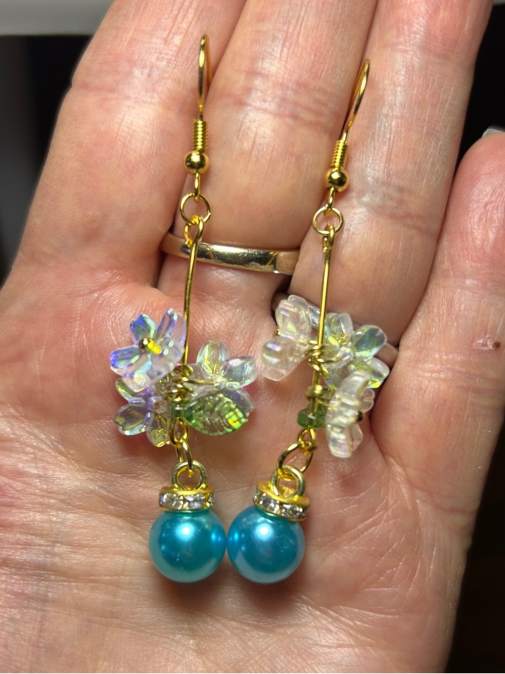 3/$25 Turquoise Pearl Drop Earrings with Iridescent Flower Accents